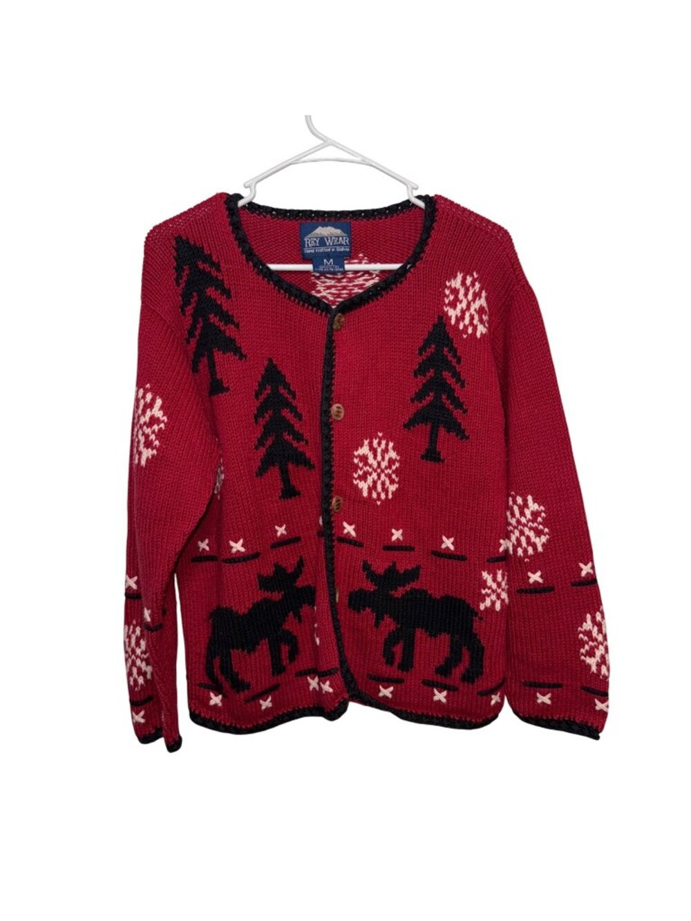 Rey Wear Hand-Knitted Red Cardigan Sweater Moose Tree Pattern Med. 100% Cotton